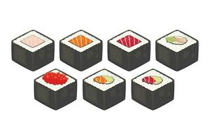 sushi rollen reeks vector illustratie. Japans illustratie, Aziatisch voedsel set. Japans voedsel concept.