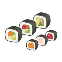 sushi rollen reeks vector illustratie. Japans illustratie, Aziatisch voedsel set. Japans voedsel concept.