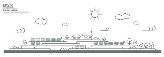 huis en zonne- cel. stadsgezicht. landschap vlak ontwerp concept. illustratie. vector