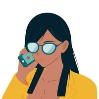 een meisje met bril is pratend Aan de telefoon. kantoor arbeider. bedrijf en onderhandelingen. vector