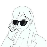 zwart en blank meisje met bril pratend Aan de telefoon. kantoor arbeider. bedrijf en onderhandelingen. vector