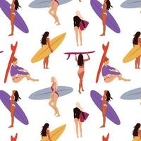 naadloos patroon met surfen meisjes minimalistische vector illustratie. vlak stijl digitaal kunst. jong vrouw met surfboard in vol groei