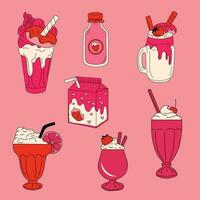 reeks van milkshakes met een aardbei en ijs room ijshoorntje. vector illustratie geïsoleerd