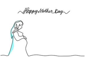 een doorlopende lijntekening van moslimvrouw zwanger met hand getrokken belettering gelukkige moederdag geïsoleerd op een witte achtergrond. jonge moslimmoeder die op de geboorte van een kind wacht. vector illustratie