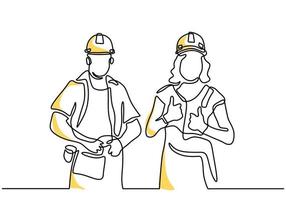een doorlopende lijntekening van jonge man en vrouw met helm. jonge gelukkig mannelijke en vrouwelijke bouwer bouwgroepen dragen helm terwijl staande pose. geweldig teamwerkconcept vector