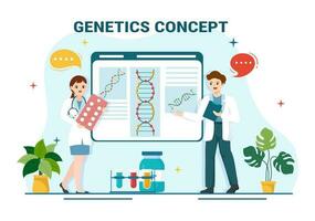 genetisch wetenschap concept vector illustratie met dna molecuul structuur en wetenschap technologie in gezondheidszorg vlak tekenfilm hand- getrokken Sjablonen