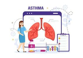 astma ziekte vector illustratie met menselijk longen en inhalatoren voor ademen in gezondheidszorg vlak tekenfilm hand- getrokken landen bladzijde Sjablonen