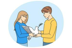 Mens en vrouw Holding duif in handen vector
