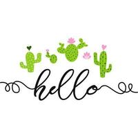 tekst Hallo hand- getrokken schattig groen cactus met roze harten afdrukbare achtergrond zomer huis decor cactussen schattig groet kaart sjabloon banier etiket logo teken poster teken afdrukken symbool vector illustratie.
