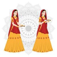 mooi Dames Holding bord van olie lamp Aan mandala patroon achtergrond. vector