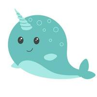 schattig tekenfilm narwal. vector illustratie Aan wit achtergrond. kawaii blauw narwal voor kaart, poster, t-shirt.