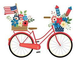 patriottisch vakantie rood fiets met Amerikaans vlag, vuurwerk, bloemen boeketten illustratie Aan wit achtergrond. geïsoleerd Aan wit achtergrond. 4e van juli themed ontwerp vakantie kaart. vector