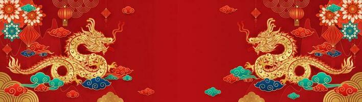 gelukkig Chinese nieuw jaar. draak goud en bloem wolk Aan rood berg achtergrond voor festival banier ontwerp. met ruimte voor tekst. China maan- kalender dier dierenriem. vector eps10.