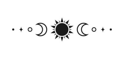 hemel- tekst verdeler met zon, sterren, maan fasen, halve manen. overladen boho mysticus scheidingsteken decoratief element vector