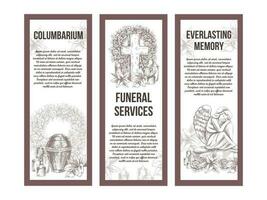 een hand getekend reeks van vector begrafenis onderhoud spandoeken. schetsen illustratie voor condoleance kaart en reclame van columbarium en begraafplaats met urn voor as, wijnoogst grafsteen engel, lauwerkrans, kruis
