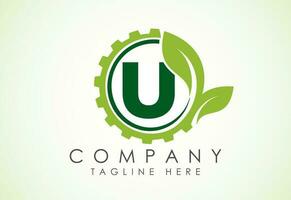 Engels alfabet u met uitrusting en blad. eco technologie logo, groen eco tech logo sjabloon ontwerp vector. natuur industrie vector