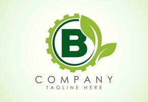 Engels alfabet b met uitrusting en blad. eco technologie logo, groen eco tech logo sjabloon ontwerp vector. natuur industrie vector