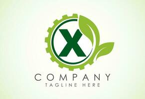 Engels alfabet X met uitrusting en blad. eco technologie logo, groen eco tech logo sjabloon ontwerp vector. natuur industrie vector