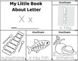 logisch afdrukbare werkblad alfabet begin geluiden omdraaien boek in zwart en witte.letter x, röntgenfoto, röntgenstraal vis, xylofoon, ximenia vector