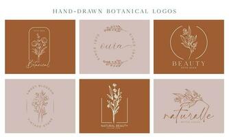 botanische bloemen element vector trendy hand getekende logo met wilde bloemen en bladeren. logo voor spa en schoonheidssalon, boetiek, biologische winkel, bruiloft, floral designer, interieur, fotografie, cosmetica.