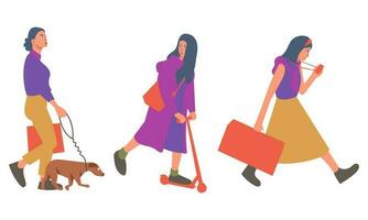 vrouw wandelen met hond en tas. vector illustratie in vlak stijl.