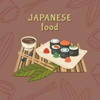 Japans voedsel. traditioneel oosters schotel detailopname met nigiri sushi rollen, sashimi rauw vis, zeevruchten, kaviaar, garnaal, avocado, eetstokjes, saus. vector illustratie voor Koken concept