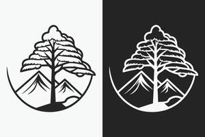 berg schetsen, schets stijl zwart en wit bergen en boom vector, berg boom icoon illustratie, berg logo vector