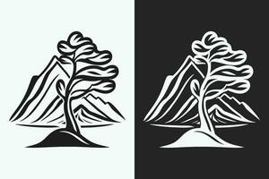 berg schetsen, schets stijl zwart en wit bergen en boom vector, berg boom icoon illustratie, berg logo vector