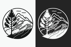 berg schetsen, schets stijl zwart en wit bergen en boom vector, berg boom icoon illustratie, berg logo vector