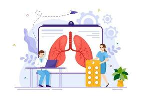 astma ziekte vector illustratie met menselijk longen en inhalatoren voor ademen in gezondheidszorg vlak tekenfilm hand- getrokken landen bladzijde Sjablonen