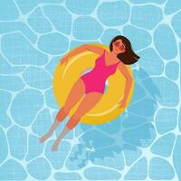 vrouw in een zwempak Aan een opblaasbaar cirkel in de zwembad. vector illustratie in vlak stijl