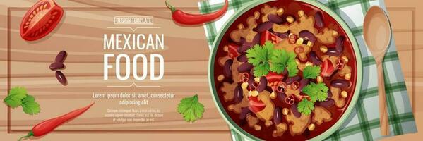 horizontaal banier met Boon soep. heerlijk schotel met nier bonen, vlees, maïs, tomaten en Chili pepers.traditioneel Mexicaans voedsel vector