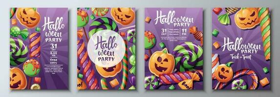vector reeks van halloween partij uitnodigingen of groet kaarten met verschrikkelijk snoepgoed, snoepjes, lolly