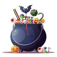 halloween snoepjes in heksen ketel. halloween oktober pot met snoepgoed, lolly. vlak vector illustratie geïsoleerd Aan wit achtergrondvector illustratie.