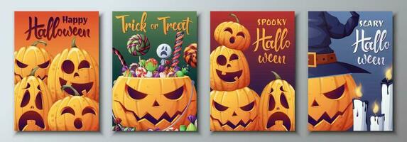 reeks van vector kaarten met pompoenen en inscripties voor halloween.illustratie geschikt voor affiches, banners voor de vakantie. gelukkig halloween