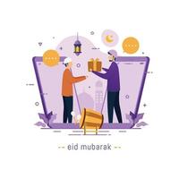 vector illustratie moslims mensen communiceren via mobiele applicaties of videogesprekken voor eid mubarak-groeten en vieren