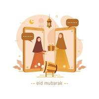 vector illustratie moslims mensen communiceren via mobiele applicaties of videogesprekken voor eid mubarak-groeten en vieren