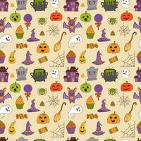 grappig halloween naadloos patroon pompoen, geest, heks hoed, knuppel, snoepgoed, spin, bezem. truc of traktatie concept. vector illustratie in hand- getrokken stijl