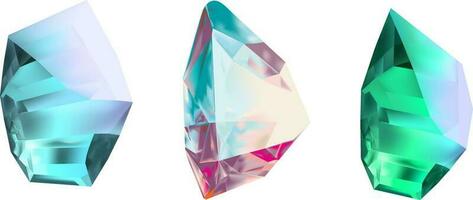 een verzameling van afbeeldingen van diamanten van divers meetkundig vormen, kleuren en maten.glas glimmend Kristallen met verschillend tinten reflecterend licht.vector realistisch reeks van gloed edelsteen of kleurrijk ijs. vector