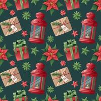 Kerstmis naadloos patroon met geschenken, lantaarn, kerstster Aan een groen achtergrond. feestelijk structuur voor omhulsel papier, scrapbooken, kleding stof, behang vector