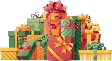 berg geschenken. groot stapel van mooi verpakt geschenk dozen. mooi geschenk doos met een reusachtig boog. vakantie symbool. Kerstmis nieuw jaar geschenk. geïsoleerd vector illustratie.