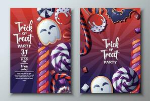 vector reeks van halloween partij uitnodigingen of groet kaarten met snoepjes, lolly's.spook en knuppel koekjes.