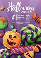 halloween snoepgoed vector kaart of partij uitnodiging met handgeschreven colografie. partij uitnodiging, truc of traktatie. tekenfilm illustratie