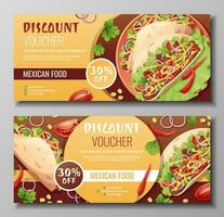 korting bon, Mexicaans voedsel sjabloon ontwerp. coupon reeks met taco's met peper vlees, kaas.. banier, poster, folder, reclame voor een restaurant vector