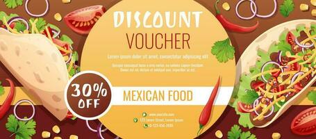 korting bon, Mexicaans voedsel sjabloon ontwerp. coupon met taco's met peper vlees, kaas. banier, poster, folder, reclame voor een restaurant vector