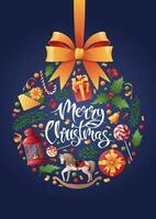 Kerstmis kaart met feestelijk decor Aan een blauw achtergrond. feestelijk ontwerp voor groet kaart, uitnodiging, folder, omslag, kalender vector