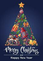 winter nieuw jaar kaart. Kerstmis boom van een Kerstmis decor Aan een blauw achtergrond. feestelijk ontwerp voor groet kaart, banier, poster, uitnodiging. vector illustratie.
