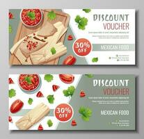 korting bon, Mexicaans voedsel sjabloon ontwerp. coupon reeks met Tamales en salsa saus. banier, poster, folder, reclame voor een restaurant vector