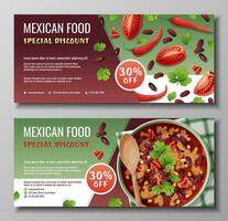 korting bon, Mexicaans voedsel sjabloon ontwerp. coupon reeks met Boon soep, tomaten. banier, poster, folder, reclame voor een restaurant vector