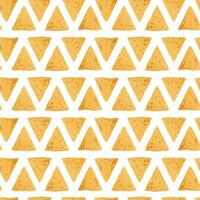 naadloos patroon met driehoekig maïs chips Aan een bruin achtergrond. traditioneel Mexicaans voedsel. krokant nacho's. vector meetkundig achtergrond voor omhulsel papier, kleding stof, behang. Latijns Amerikaans voedsel